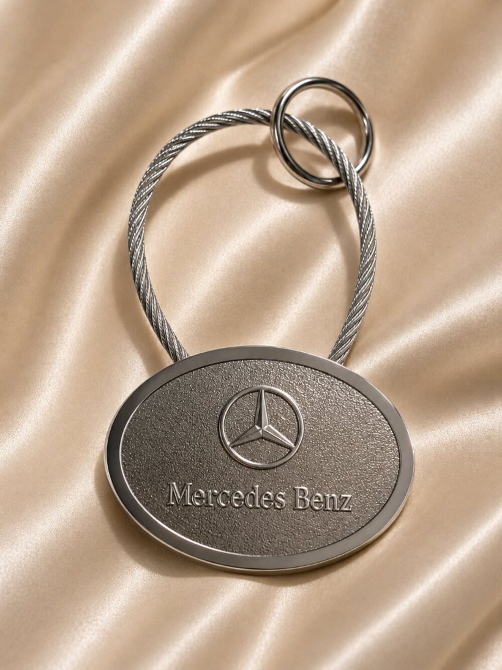 Mercedes Benz Silver Tone Oval Logo Keychain – Braided Cable Key Ring